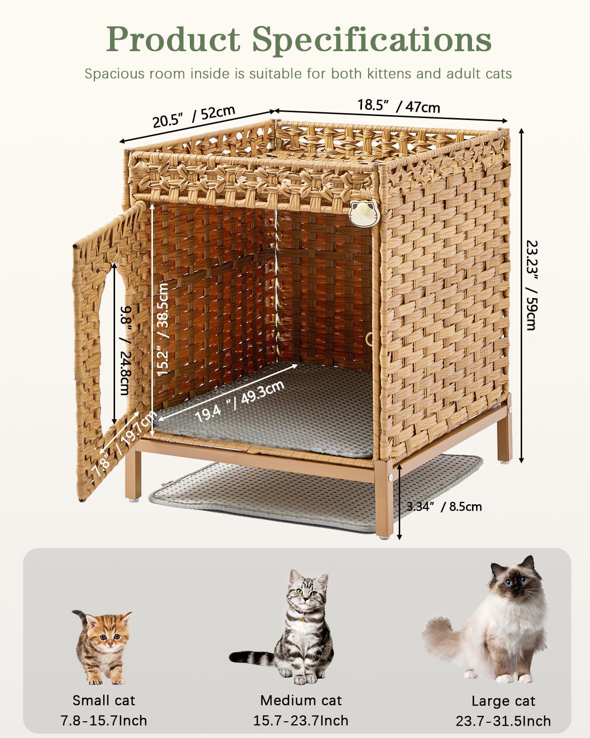 SETVSON Cat Litter Box Enclosure Hidden Litter Box Furniture with Metal Heightened Feet, Rattan Handwoven Cat House with Litter Mat, Hidden Litter Box Furniture for Bedroom Living Room Natural SETVSON