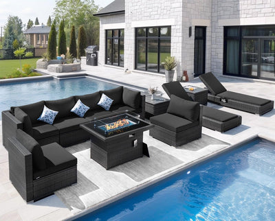 NICESOUL 11-Piece Patio Furniture with Chaise Lounge, Modern Wicker Outdoor Sectional with Fire Pit, Comfortable 29.3'' High-Back Conversation Seating, Heavy Duty All-Weather Couch Set, Grey & Black