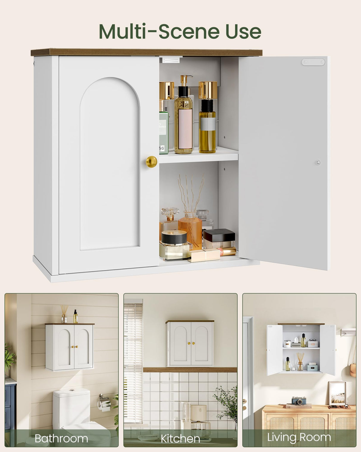 CHOEZON Bathroom Wall Cabinet, Medicine Cabinet with Adjustable Shelf, Modern Wall Cabinet with 2 Doors, Farmhouse Wall Mounted Storage Cabinet, for Bathroom, Living Room, Kitchen, White and Walnut CHOEZON