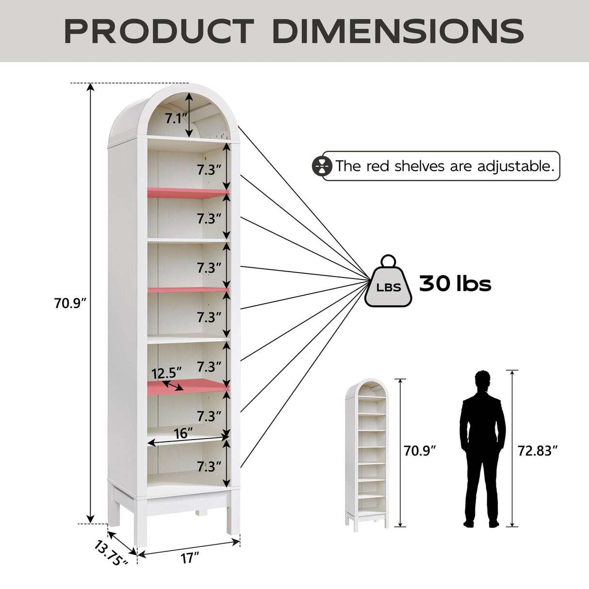 IFGET 71" Tall Arched Bookshelf, 8 Tiers Arch Bookcase with Storage, Modern Farmhouse Book Shelf with Adjustable Shelves, Wood Bookshelf w/Open Display Shelves for Living Room, Office (Antique White) IFGET