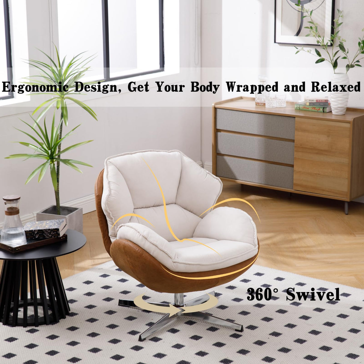 Ya-Home Modern Swivel Accent Chair, Chenille Upholstered Leisure Chair with Cozy Seat Silver Metal Base, Comfy Lounger Armchair Recliner Chair for Living Room Bedroom, 1PC, Beige Ya-Home