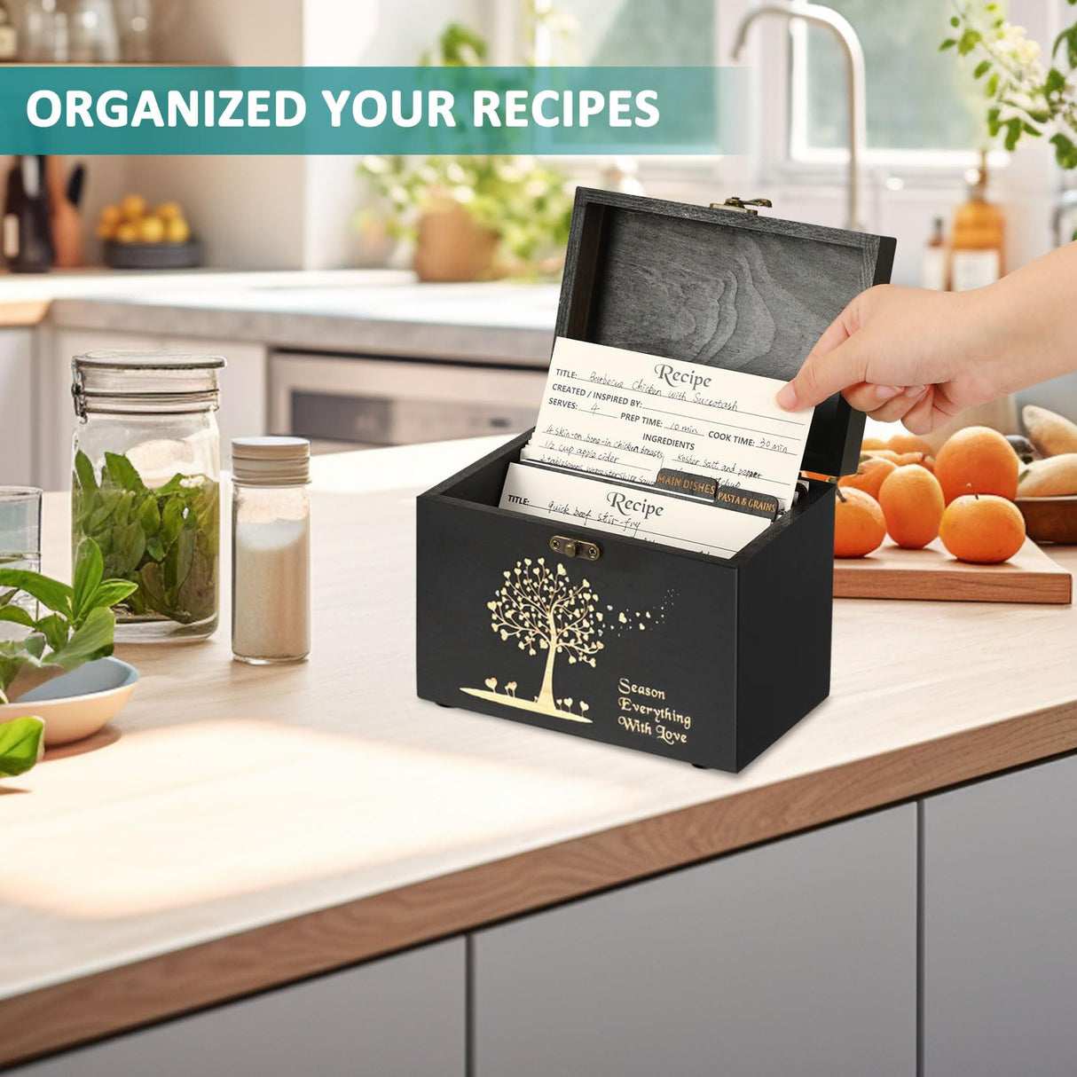 CypherX Wooden Recipe Box - 50 Blank Recipe Cards and Box Set - Recipe Card Organizer Box with 8 Wood Dividers - Gifts for Cooking Lovers | Best Housewarming and Bridal Shower Gift, Black CypherX