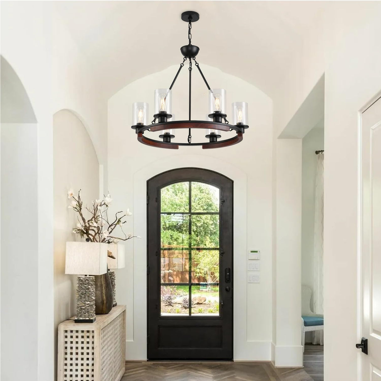 28 Inch Wagon Wheel Chandelier with Glass Shade, 6-Light Farmhouse Wood Large Round Chandeliers for Dining Room Pendant Light Fixture for Living Room Bedroom Kitchen Island Foyer Entryway GRUSTRUST