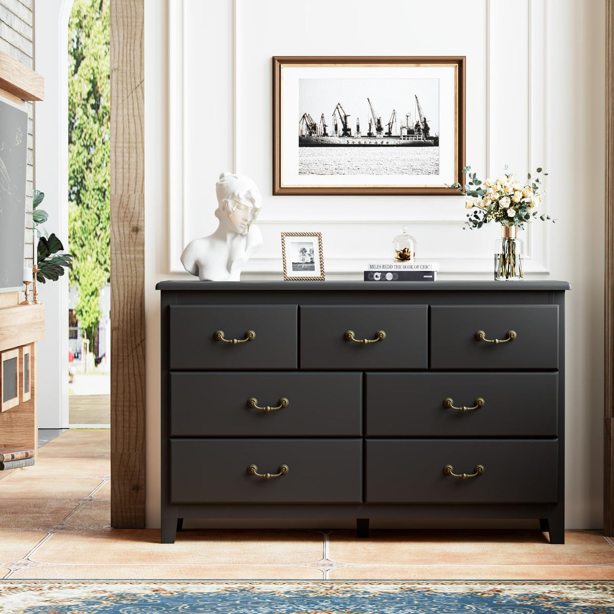 HOUROM Black Dresser for Bedroom, Modern Style 7 Drawer Double Dresser with Vintage Gold Antique Handles, Dresser and Chest of Drawers, Hallway 7 Drawer Dresser, Antique Black HOUROM