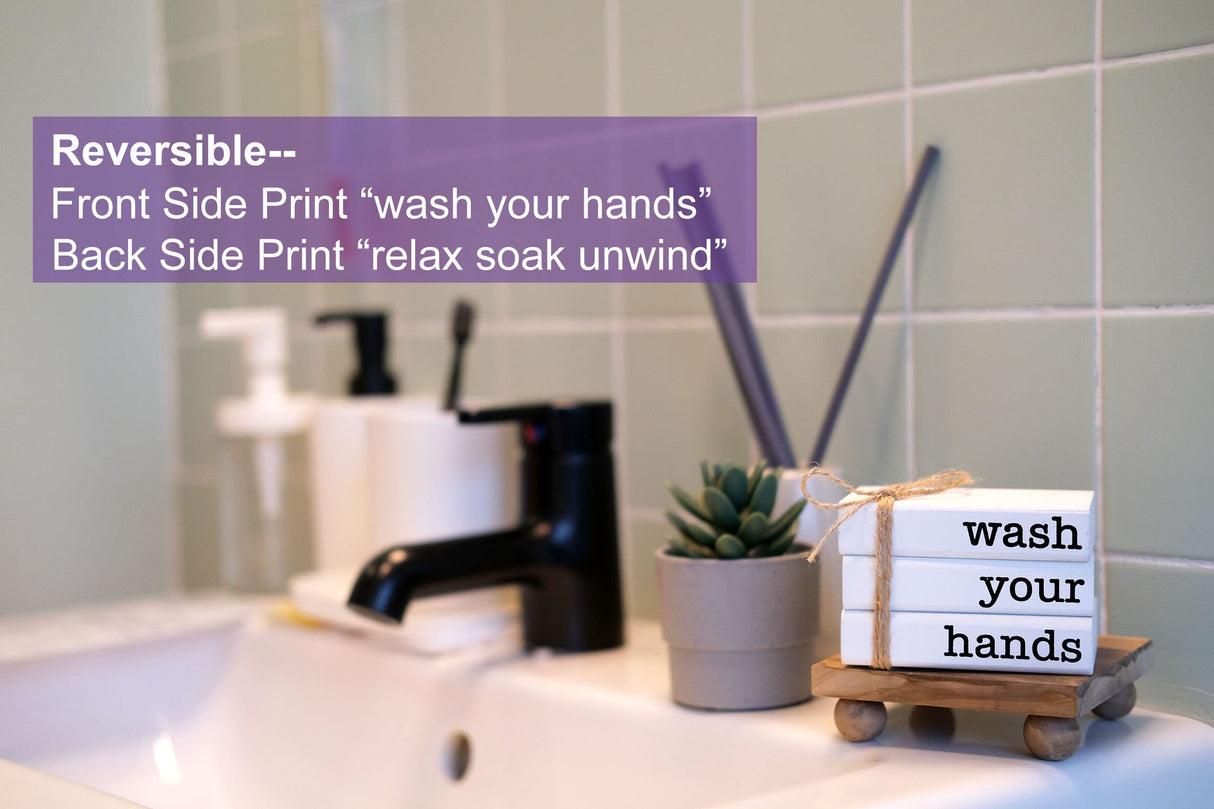Farmhouse Mini Bookstack for Bathroom Decor Wooden Books for Restroom Shelf Decorative Accent for Guest Bathroom Sign, 2 Signs in 1 Reversible - Wash Your Hands/Relax Soak Unwind LIVDUCOT