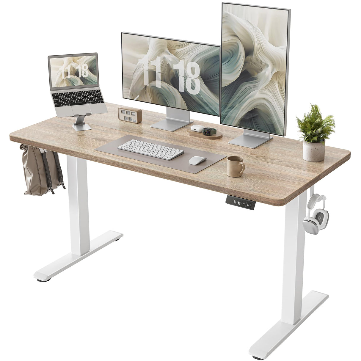 TIQLAB Height Adjustable Electric Standing Desk, 55 x 24 inch, Sit Stand Up Desk, Splice Board, Computer Home Office Desk, White Frame/Maple Top TIQLAB