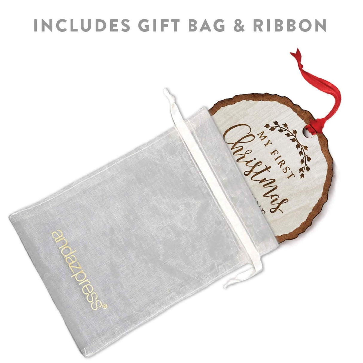 Andaz Press Personalized Baby 1st Christmas Real Wood Rustic Farmhouse Keepsake Christmas Ornament, Engraved Wood Slab, My First Christmas, Sophia Anne 2024, Rustic Laurel Leaves, 1-Pack Andaz Press