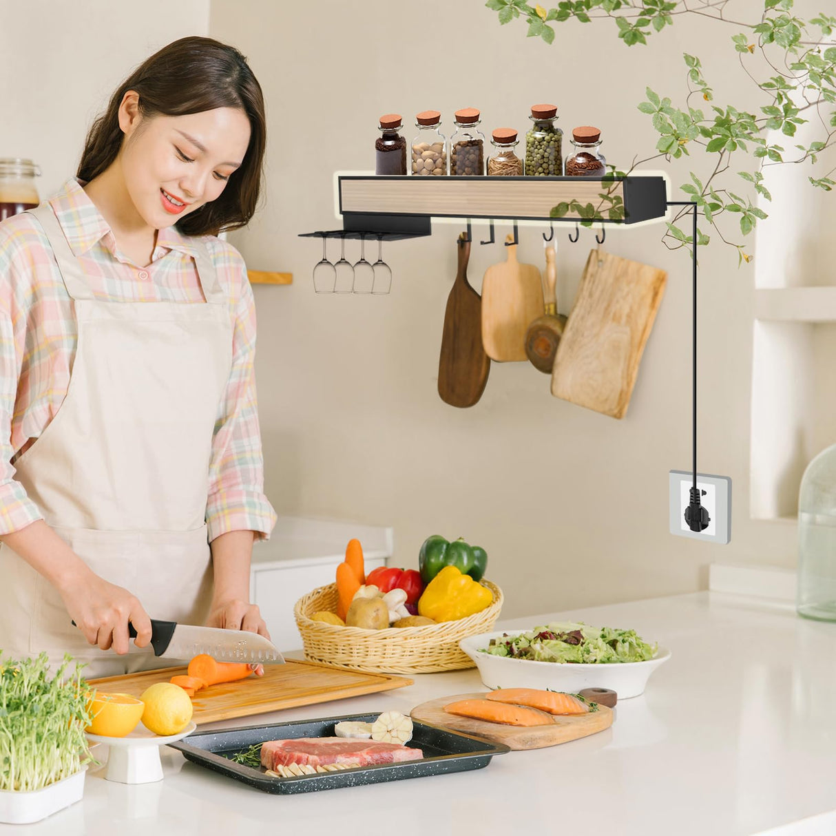 Floating Display Shelf with LED Light, 39 Inch Wall Mounted Wine Rack, Bar Unit Floating Shelves with 4 Wine Glass Holder, Light-Emitting Storage Display Stand for Entrance Kitchen Dining Room SLVUAFRN