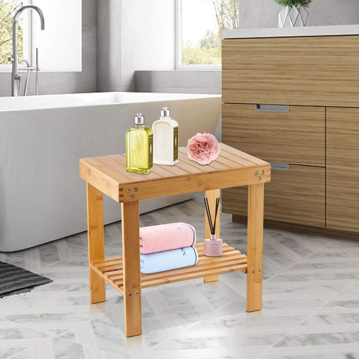 VaeFae Bamboo Spa Bench Wood Seat Stool Foot Rest Shaving Stool with Non-Slip Feets Storage Shelf for Shampoo Towel,Works in Bathroom/Living Room/Bedroom/Garden Leisure VaeFae