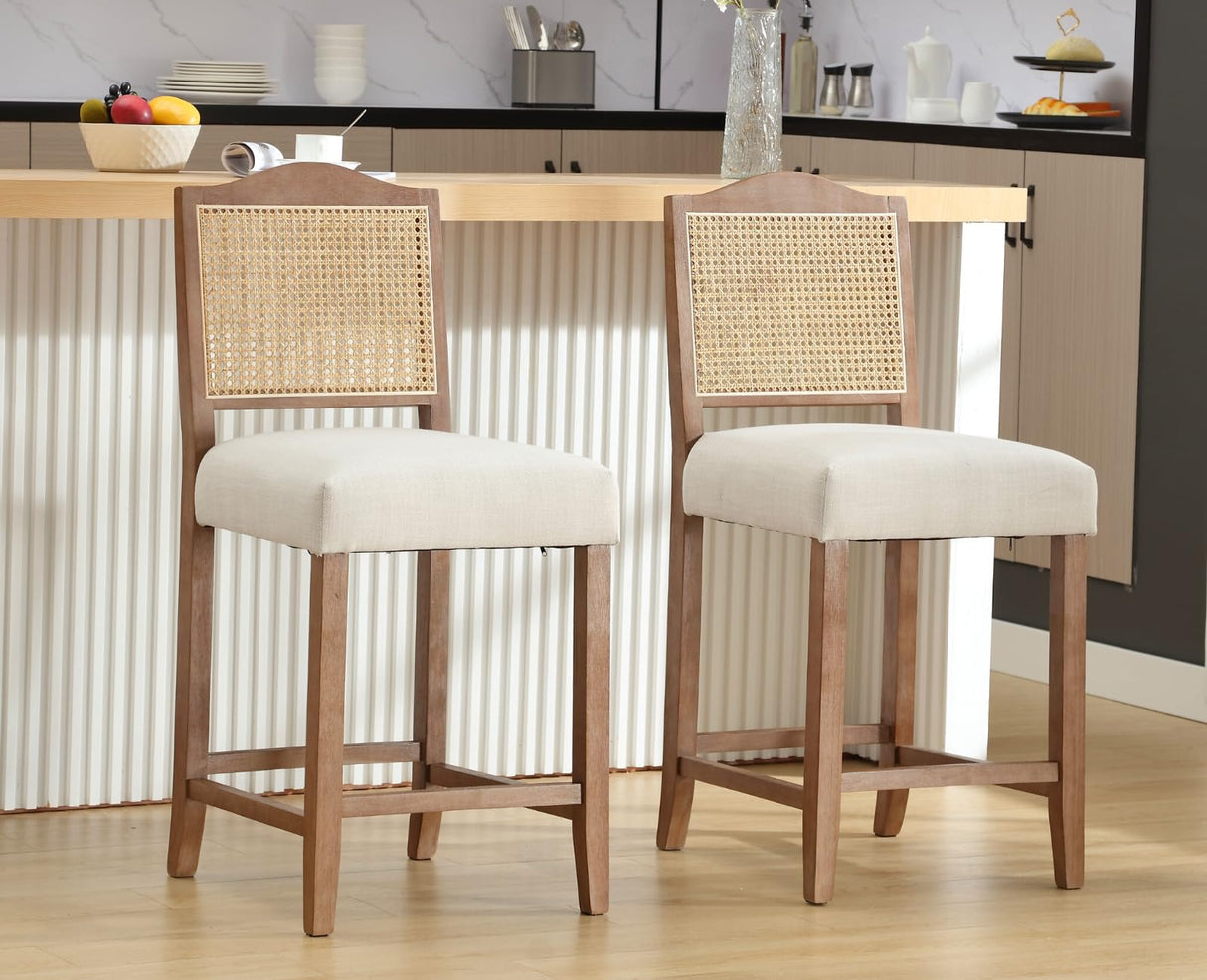 EALSON Counter Height Bar Stools Set of 2 Farmhouse Barstools with Rattan Back Comfortable Upholstered Bar Chairs Mid Century Wood Breakfast Counter Stools for Kitchen Island, Linen Beige EALSON