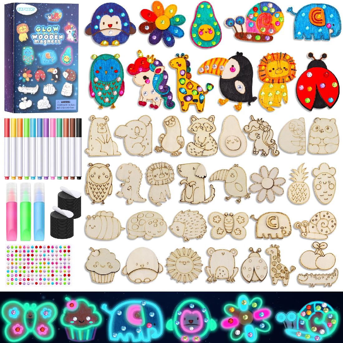 EAPHANT Kids Crafts, 30 PCS Arts and Crafts Painting Kits for Kids Activities Wooden Magnets to Paint EAPHANT