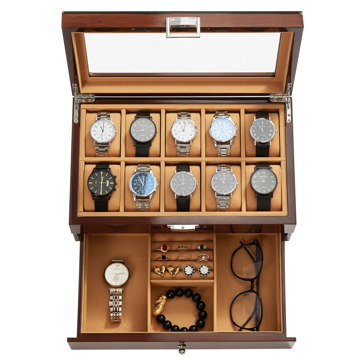 Homruilink 10-Slot Wooden Watch Box, Wood Watch Case with Drawer, Watch Display Box with Glass Lid, 2-Layer Watch Holder for Jewelry and Watch Storage for Men Women Homruilink