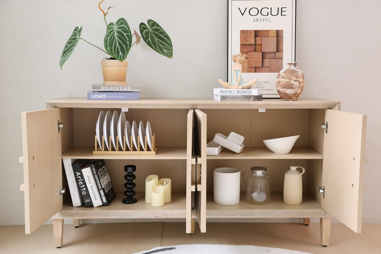 60 Inch Large Sideboard Buffet Cabinet with Storage, Sunburst 4 Door Wooden Accent Cabinet for Living Room Entryway, Mid Century Modern Console, Farmhouse Kitchen Table, Antique Natural Finish ZZKBTOPXY