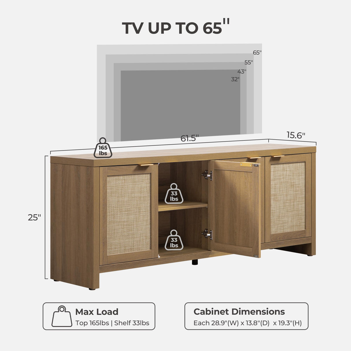 SICOTAS TV Stand for Living Room Rattan Entertainment Center for Bedroom with 4 Rattan Cabinets Farmhouse Television Stands with Storage Large Media Console Table for TVs up to 50 55 60 65 Inch SICOTAS