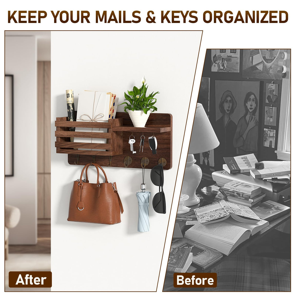 Key Holder Wall Mount, Key and Mail Holder for Wall, Wall Key Holder with Shelf and 6 Large Hooks for Bags, Coats, Umbrella, Wood Key Shelf for Entryway, 4 Small Key Hook, Wallet/Dog Leash Holder,Pine Longtor