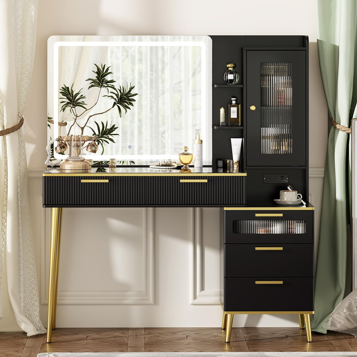 Chrangmay 47.24" Big Modern Vanity Desk with Mirror and Lights,Makeup Vanity Desk with 5 Drawers and Storage Shelves & Power Outlet,Dressing Table with Glass Top, Black Chrangmay