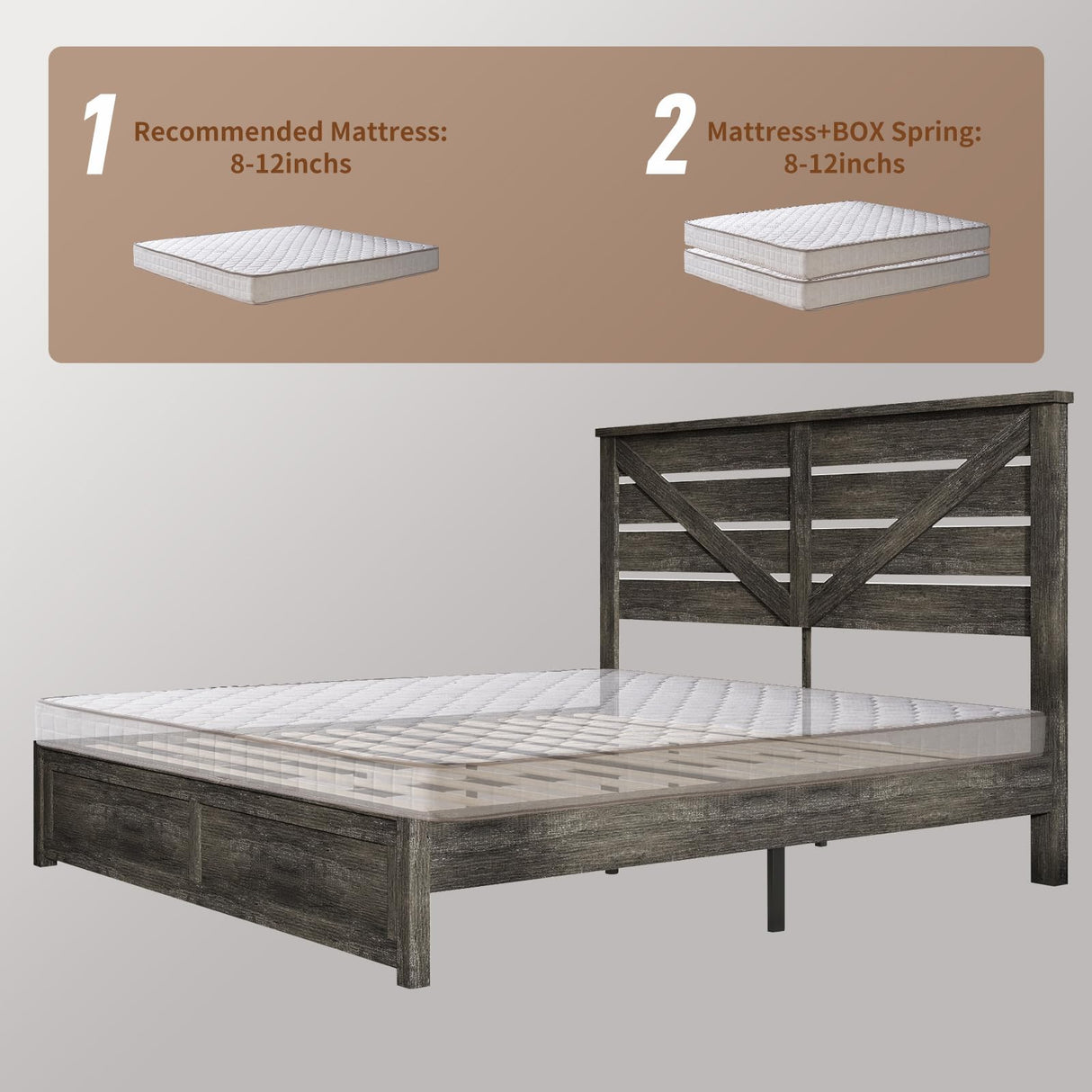 LUXOAK King Size Farmhouse Wooden Bed Frame, Platform Bed Frame with 49.2" Headboard/No Box Spring Needed/Noisy Free/Easy Assembly/Grey LUXOAK