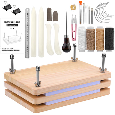 JUPEAN 34 Pcs Book Binding Kits, Book Press(11.81”x7.56”), Books Making Kit with Bone Folder Bookbinding Needles Waxed Threads Books Binding Awl, Bookbinding Tools for Beginners