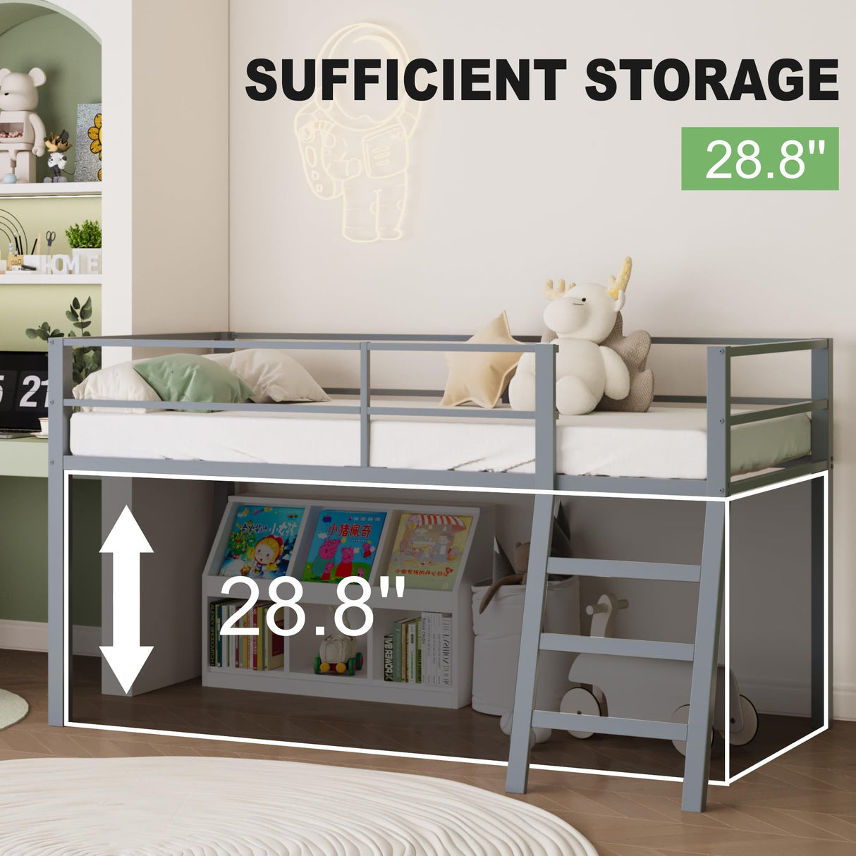 Lutown-Teen Low Metal Twin Loft Bed with Ladder and Guardrail for Kids or Teens, Space Saving Loft Bed Twin Size for Small Bedroom, Grey Lutown-Teen