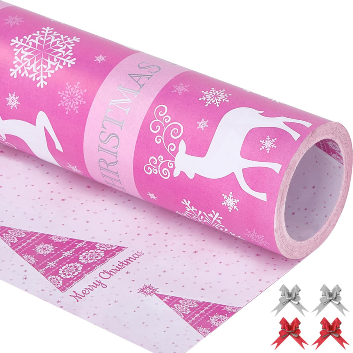 EWES Pink Christmas Wrapping Paper Rolls Set,Aesthetic Elegant Gift Wrap,Cute Pattern with Reindeer,Snowflake,Christmas Tree,Reversible, Total 28.5sq.ft EWES