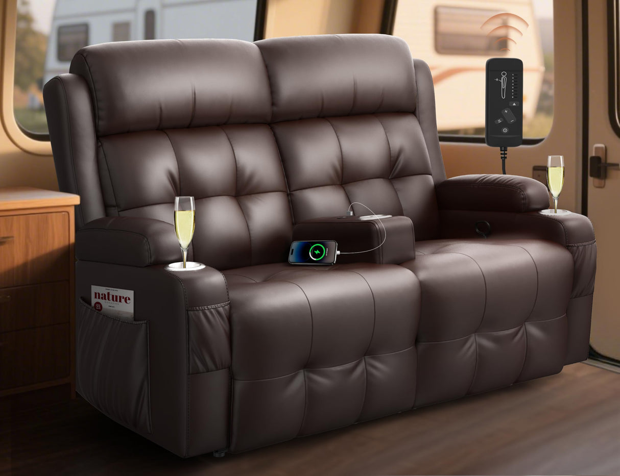 Tiooii RV Loveseat Recliner Sofa, Oversized Massage Wall Hugger Recliners with Insert Pockets, Cup Holders, Reclining Couch, 150° Adjustable Recline & Padded Armrests, for RV Furniture & Living Room Tiooii