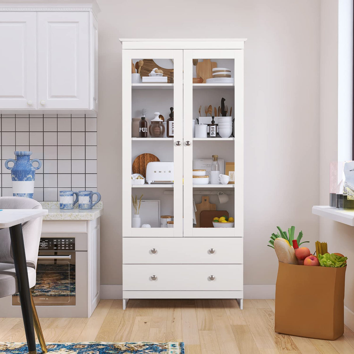 YIGOBUY White Bookcase with Glass Doors 4-Tier Tall Bookshelf with Cabinet and Drawers Wood Curio Storage Cabinets Wide 4 Cube Storage Organizer for Living Room Bedroom Bathroom Office Kitchen YIGOBUY