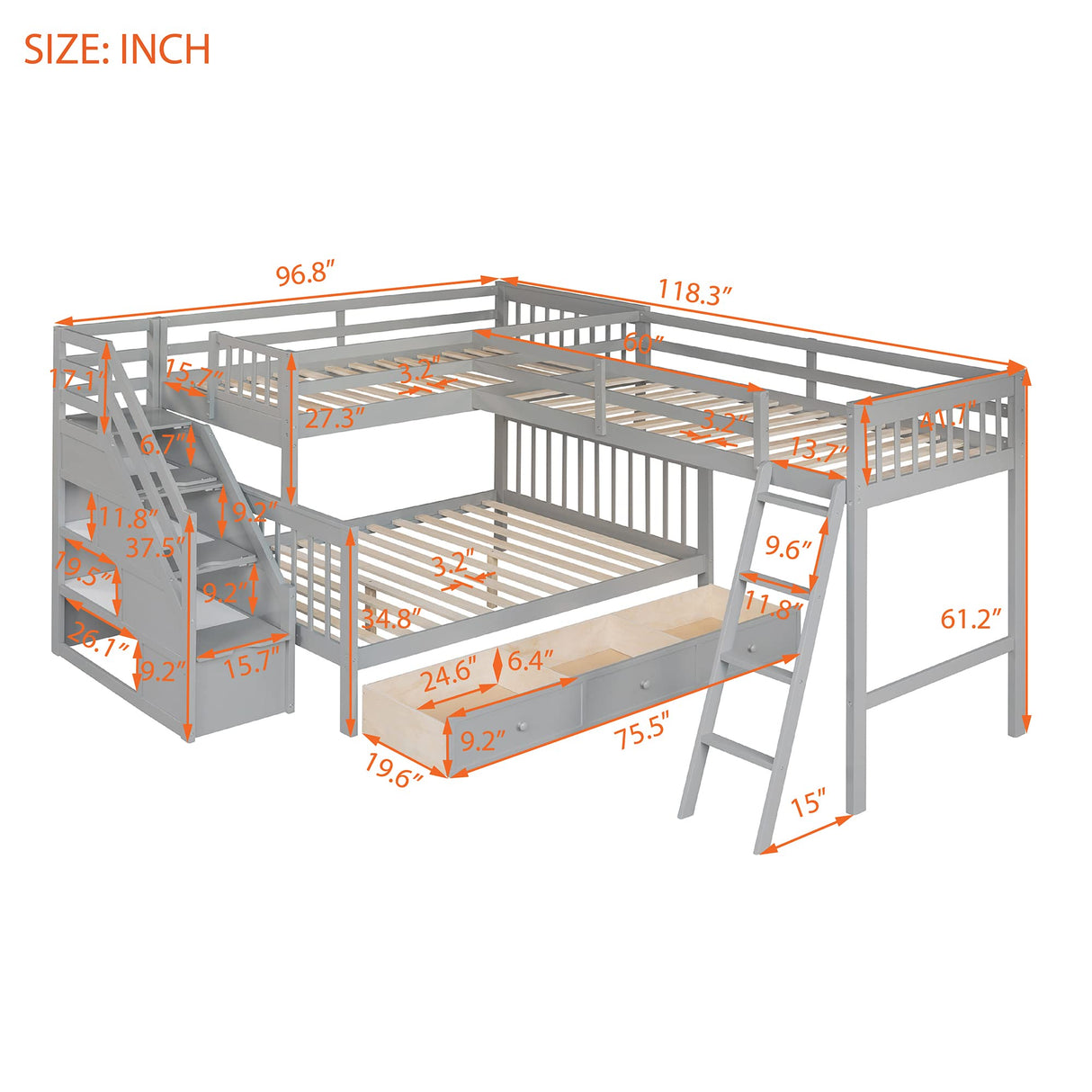 CITYLIGHT Twin Over Full L-Shaped Triple Bunk Bed for Kids, Wooden Corner Bunk Bed with 3 Storage Drawers Attached a Twin Loft Bed,Bunk Beds with Stairs and Ladder for Boys Girls Teens,Gray CITYLIGHT