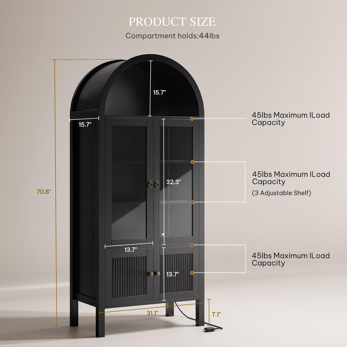 DWVO 71" Tall Arched Cabinet Kitchen Pantry with LED Light/Wood Kitchen Storage Cabinets with Tempered Glass Doors and Adjustable Shelves/Bookcase Cabinet with Storage for Dining Room-Black DWVO