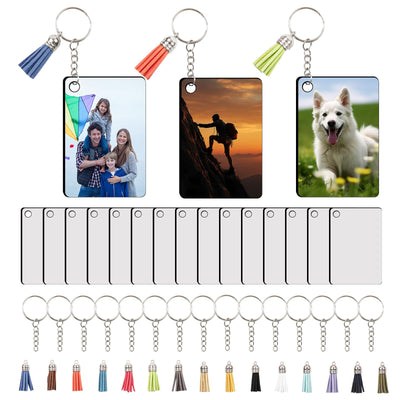 AiDiYGECO 15 PCS sublimation keychain blanks with Tassels Double Sided MDF sublimation keychains blanks bulk (WHITE, Rectangular)