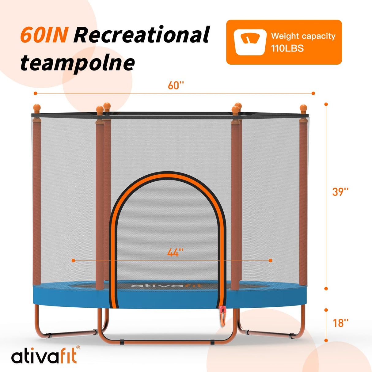 Ativafit 60'' Rebounder Trampoline Indoor Outdoor for Kids Ages 1-8, 5 FT Recreational Toddler Trampoline with Safety Enclosure Net Gifts with Basketball Hoop Dartboard Ocean Ball for Fun ATIVAFIT