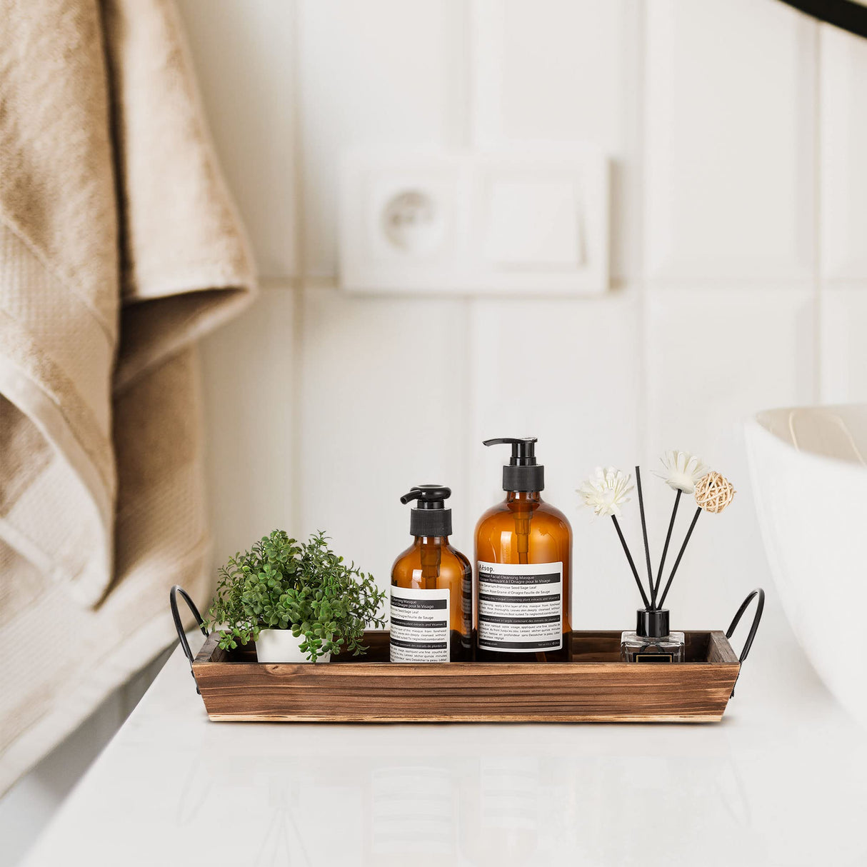 Long Narrow Wood Candle Tray: Hanobe Rustic Wooden Candle Holders Rectangular Table Centerpieces for Dining Room Farmhouse Pillar Stand with Handle Rectangle Tea Light Base Coffee Table Decor, Brown Hanobe