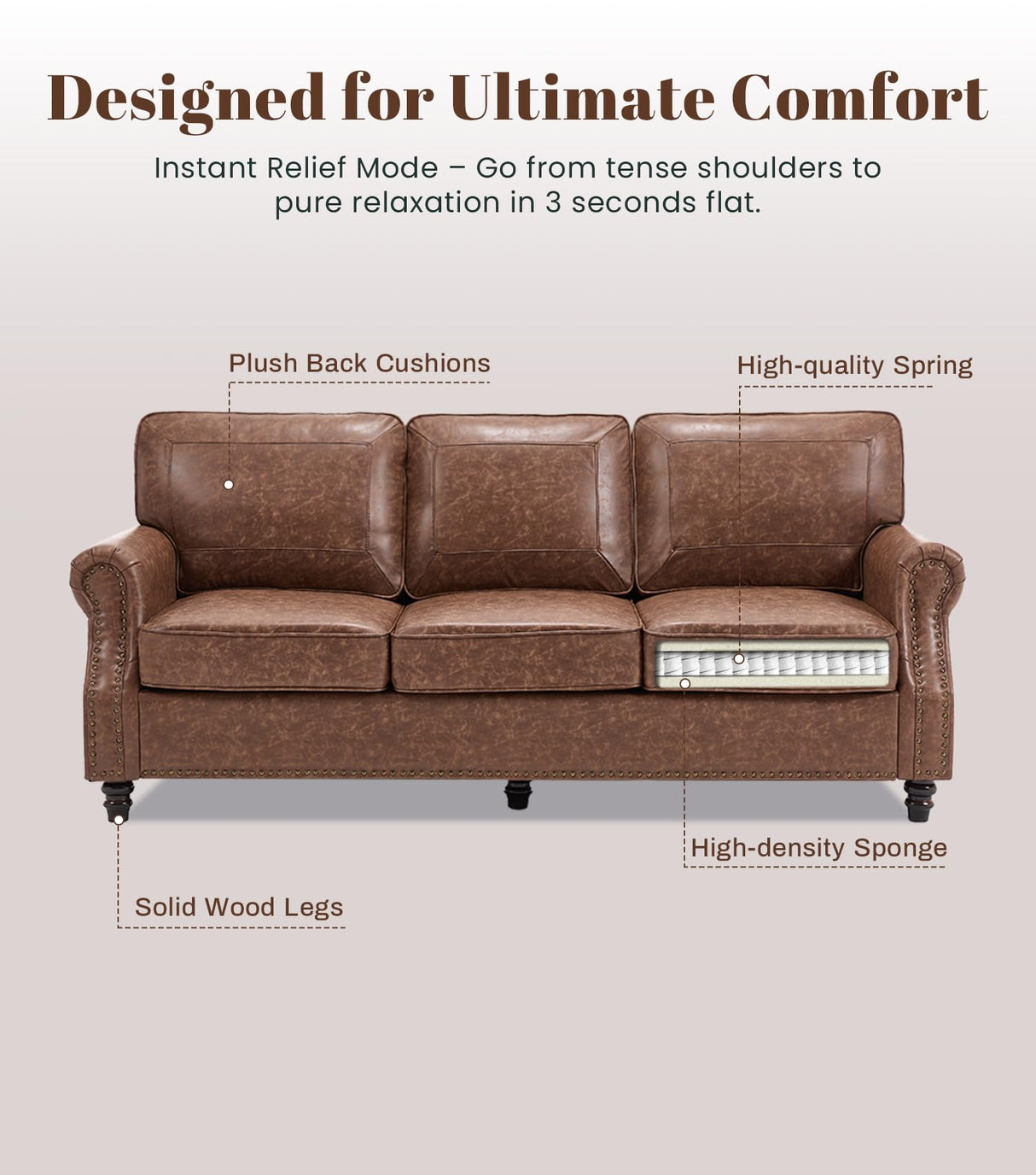 WILLOVE 79'' Faux Leather Sofas for Living Room, Mid Century Modern Couches with Rolled Arm & Nailhead Trim for Small Space, Apartment, Dark Brown WILLOVE