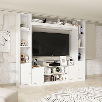 TAMUNE Entertainment Center with Bookshelves Modern Media Center with Open Shelves & Bridge TV Wall Unit with Doors, for Living Room White (81.1”W x 11.8”D x 70.9”H)