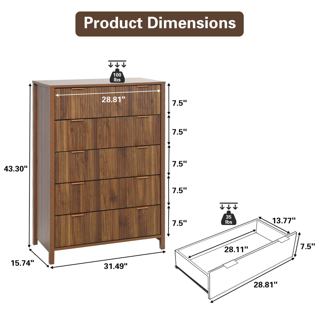 XUZENEST 5 Drawer Dressers for Bedroom, Modern Closet Chest of Drawers with Waveform Fluted Panel, Large Wood Storage Dresser Organizer for Nursery Bedroom Living Room Hallway Closet, Walnut XUZENEST