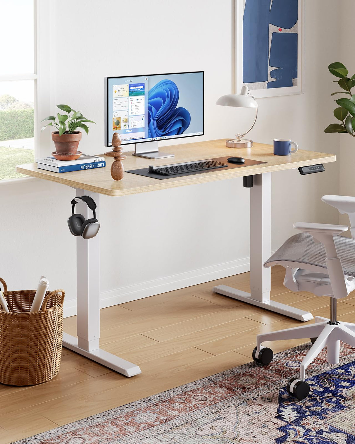 HUANUO 63" x 28" Electric Standing Desk Adjustable Height, 4 Memory Height Settings, Headphone Hook, Cable Manager, Sit Stand Up Desk for Home Office & Computer Workstation, Nature HUANUO