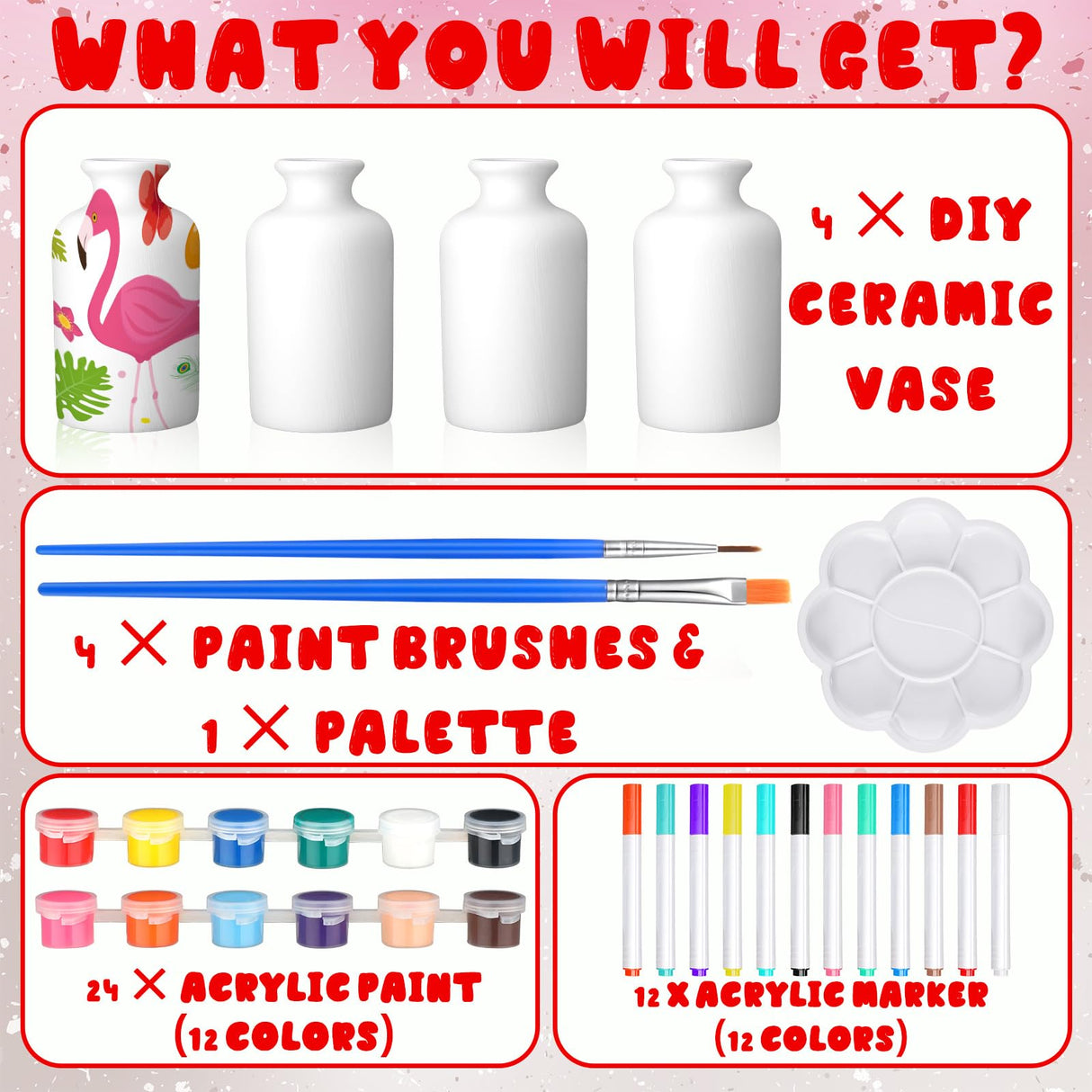Singhoow 4 Set Paint Your Own Porcelain Paint Vase Art Project White Ceramic Painting Kit for Adults Porcelain Vase Decorating Kit with Art Supplies DIY(Classic) Singhoow