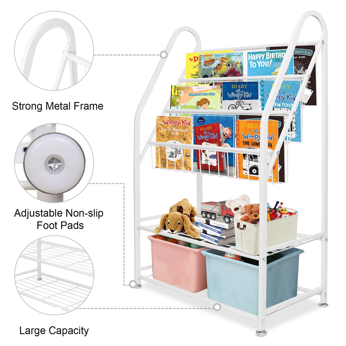 aboxoo Metal Kids Bookshelf Freestanding for Children Room 25 inches Toddler White Bookcase Toy Organizer Stable Bookcase Bookstore Library Book Unit Storage for Small Place aboxoo