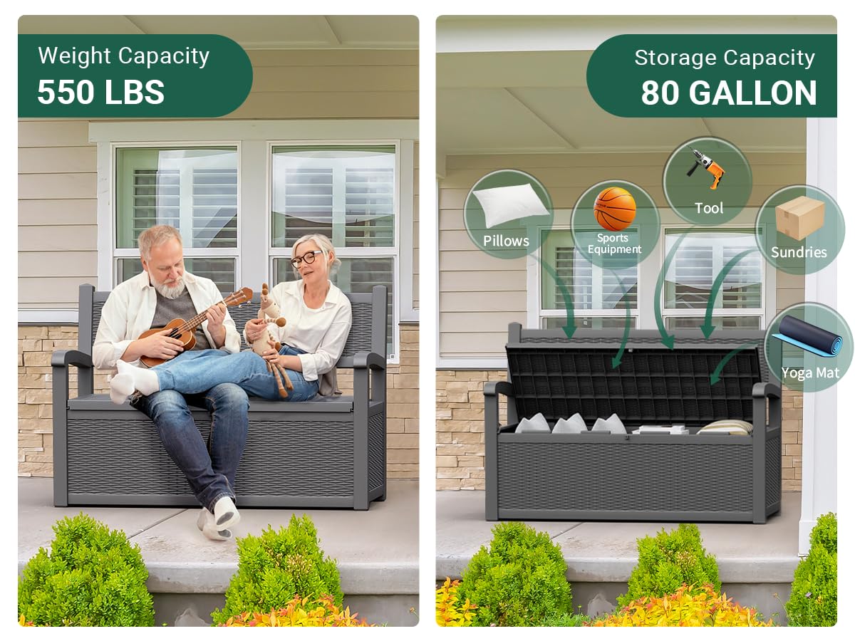 GULAIMOAO 80 Gallon Outdoor Storage Box, Resin Patio Furniture with Armrest, Lockable Deck Box with Waterproof and UV Resistant for Patio Cushions, Garden Tools and Pool Supplies, Grey GULAIMOAO