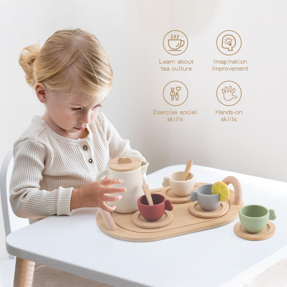 Tea Party Set for Kids, Wooden Tea Set for Little Girls and Boys, Kids Play Kitchen Accessories Toy Dishwasher Safe Tea Set for Toddler, Pretend Play Toddler Tea Set Ideal Christmas Birthday Gift Ikubigu