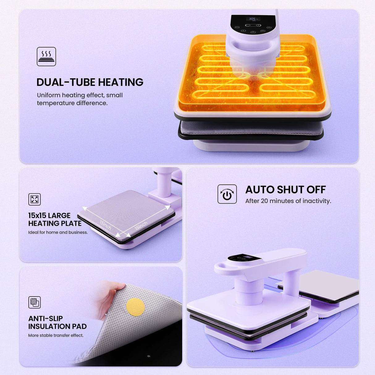 Whubefy Dual Auto Heat Press Machine 15x15, 360° Swing Away Smart T-Shirt Printing W/Auto Release & Auto-Off, Adjustable Pressure & Higher Heating Height for HTV, Sublimation, Heat Transfer Projects Whubefy