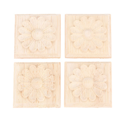 MUXSAM Wooden Carved Appliques Onlays, 4-Pack Unpainted Solid Wood Square Carvings Decals for Cabinet Dresser Cupboard Mirrors Walls Doors Closet