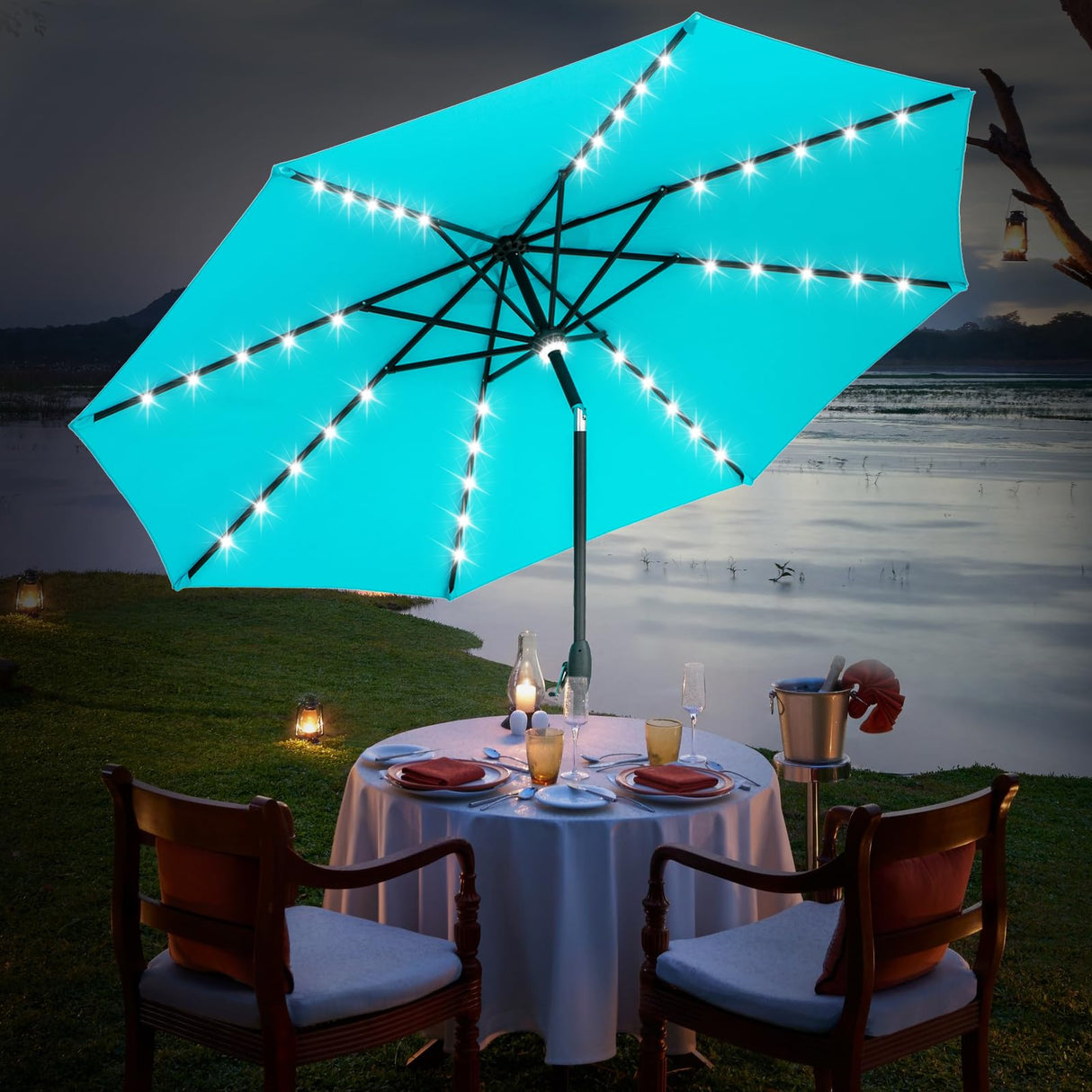 GDY 10Ft Patio Umbrella, Solar Powered 40 LED Lighted Outdoor Table Market Umbrellas with Tilt and Crank, Center Light (Lake Blue)… GDY
