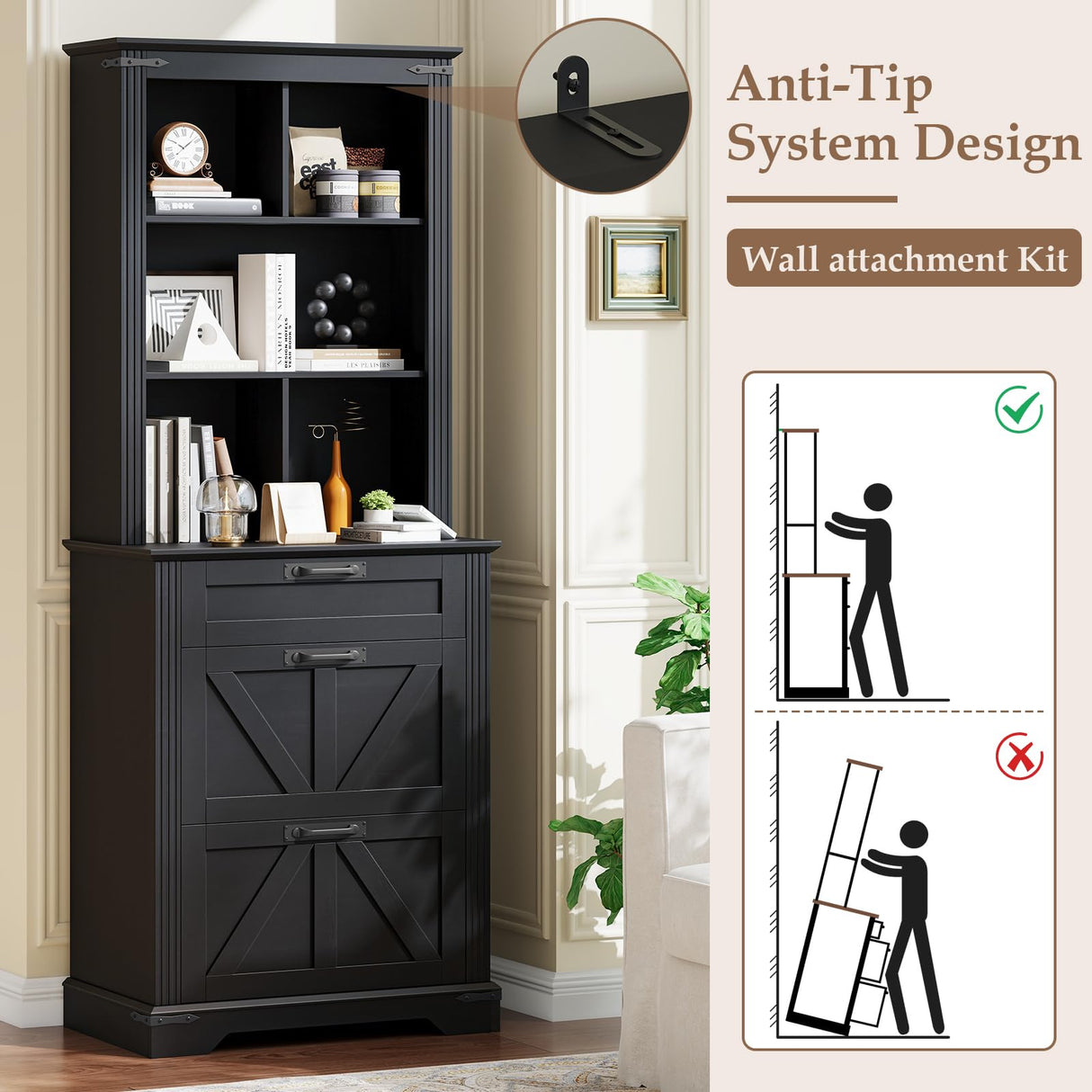 Vabches Farmhouse Bookshelf with 3 Large Drawers, 70" Tall Bookcase with 5-Cube Storage Organizer, 3 Tier Wood Display Storage Cabinet for Home Office, Living Room, Rustic Black Vabches