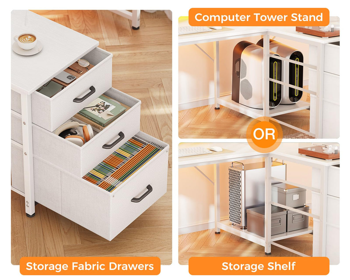 Coleshome 94" Computer Desk with Fabric Drawers & File Cabinet- 2 Person Home Office Desks with Power Outlet & LED Light, Long Writing Desk with Monitor Stand, Storage Shelves, Study/Work Table, White Coleshome