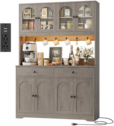 HIFIT 71" LED Kitchen Pantry Cabinet with Power Outlet, Large Kitchen Hutch Storage Cabinet with Arched Door, Shelves, 2 Drawer, Tall Farmhouse Coffee Bar w/Hutch for Home Dining Living Room, Ash Grey