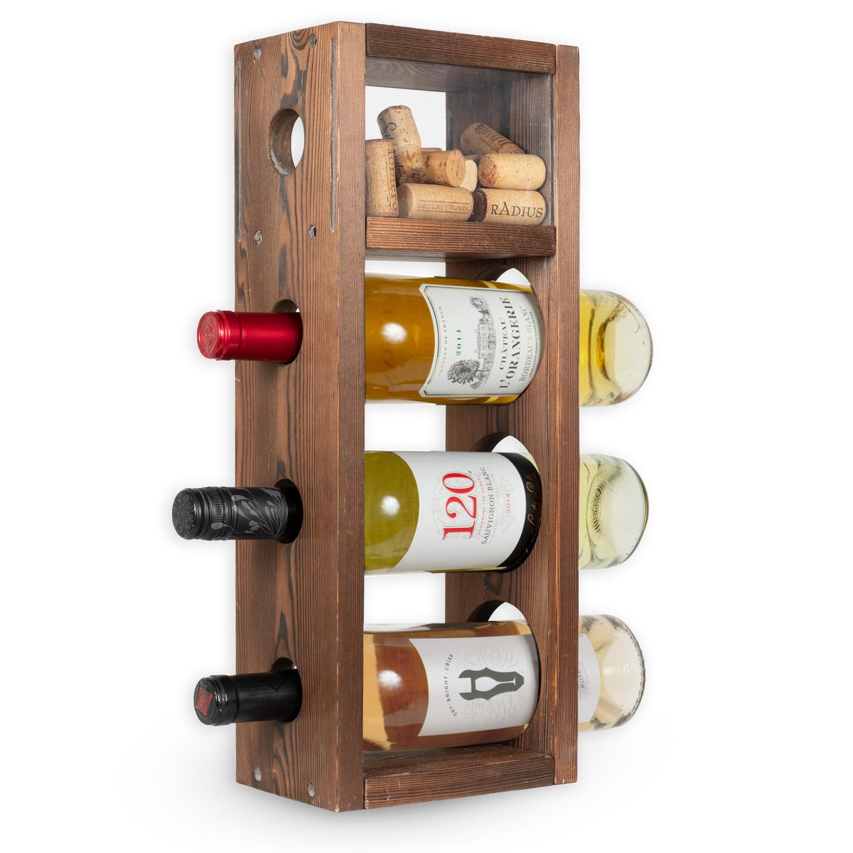 Rustic State Sonoma Countertop Wood Vertical Wine Rack with Cork Storage - Freestanding Tabletop Liquor Holder Shelf Organizer - Holds 3 Bottles - Home Kitchen Dining Room Bar Décor - Burnt Brown Rustic State