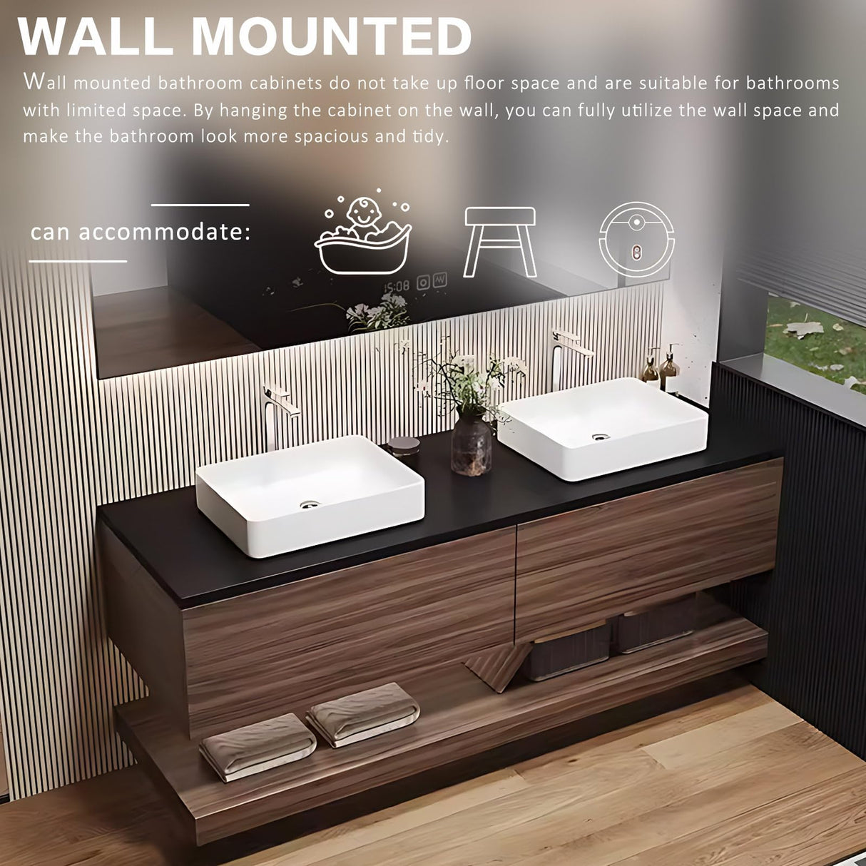High QLO 60 Inch Bathroom Vanity with Double Sinks - Floating Log Style Modern Panel Design,Wall Mouted Cabinet with Double Ceramic Countertop Basins | Open Storage Rack and LED Smart Defog Mirror High QLO