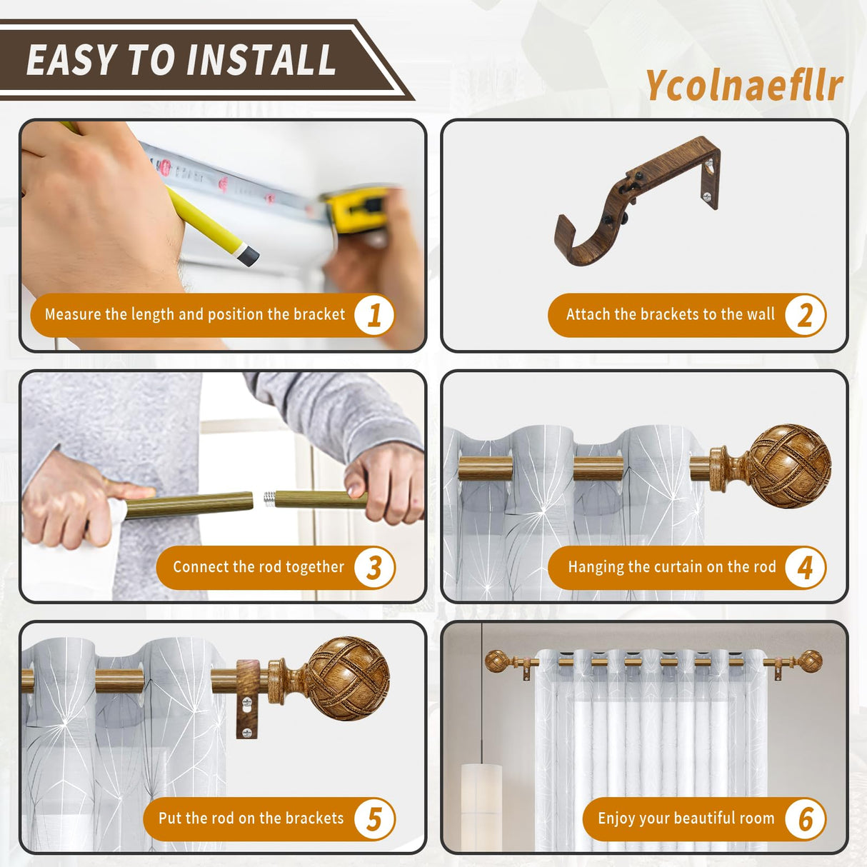 Wood Curtain Rods for windows 48 to 84 Inch(4-7ft): 1 Inch Adjustable Heavy Duty Curtain Rods,Netted Wood Grain Window Curtains Rods for Farmhouse,Living room, bedroom, kitchen, etc. Size:36-88" Ycolnaefllr