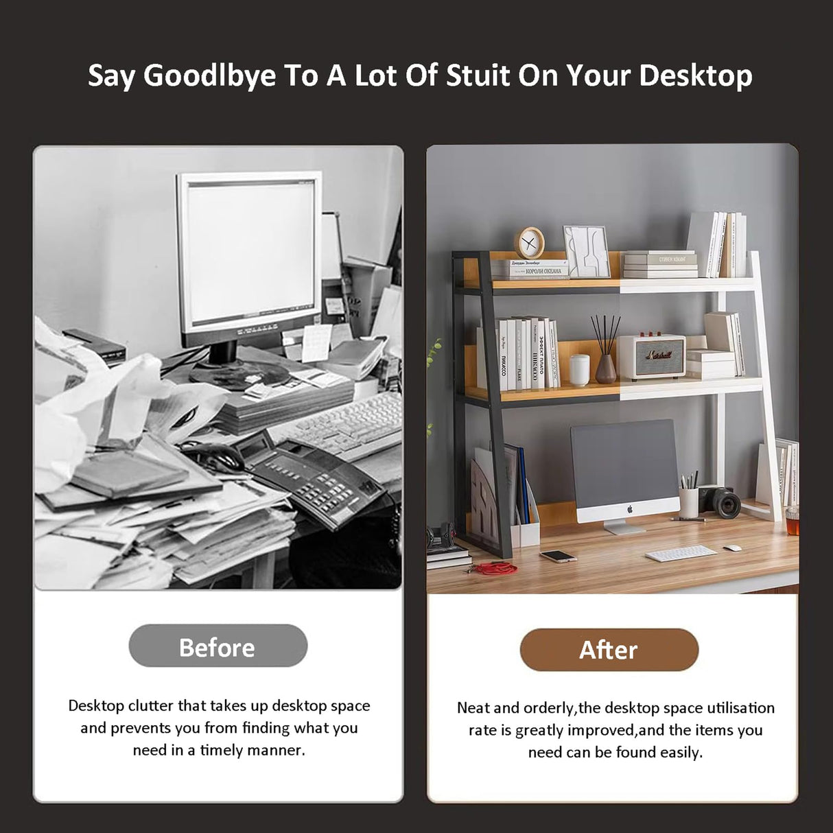 Desktop Bookshelf and 2-Tier Hutch Organizer for Efficient Workspace Storage HM&DX