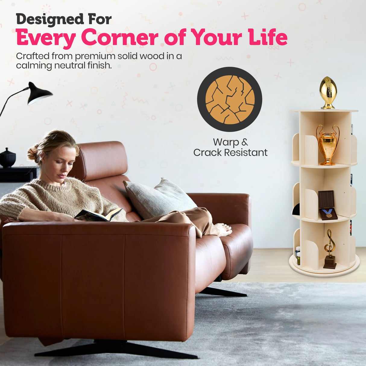 Rotating Kids Bookshelf – 3-Tier 360° Spinning Bookcase Tower, Solid Pine Wood, 12 Cubbies, Toddler Bookshelf Organizer & Lazy-Susan Storage for Nursery, Classroom or Playroom (Natural Finish) Sprinta